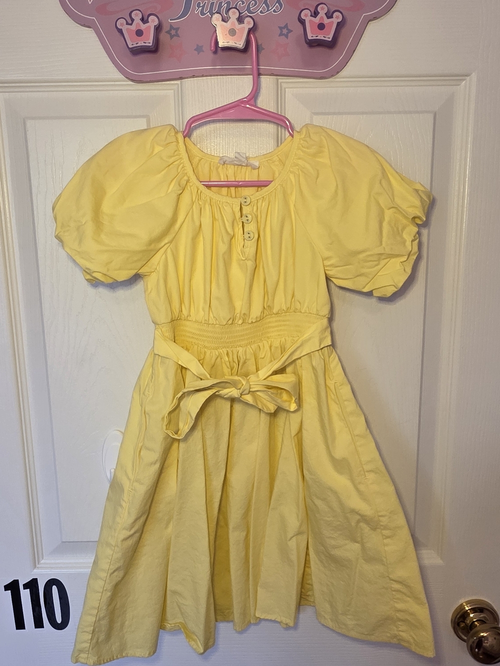 Girls' Yellow Puff-Sleeve Tie-Waist Dress